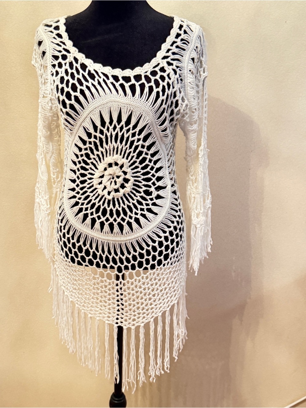 Boho Crochet Fringe Tunic Sweater - White